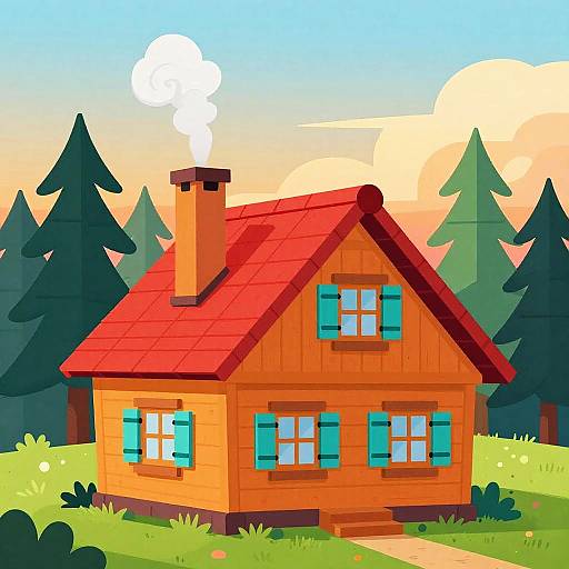 Cheerful Colorful Mountain Cabin Art