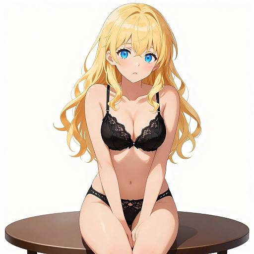 Digital anime-style drawing of a blonde woman with blue eyes, wearing black lace bra and panties, sitting on a round wooden table against a white background.