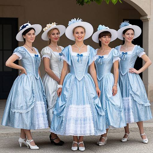 Photograph of five women in blue and white Victorian-style dresses, wide-brimmed hats with feathers, and white shoes, standing outdoors.