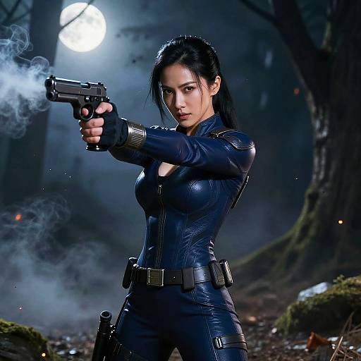 Photorealistic CGI of an Asian woman in a tight, black leather suit, firing a smoking handgun in a dark, misty forest under a full