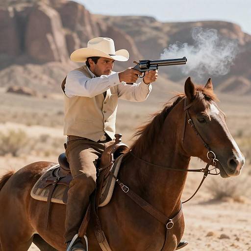 Intense Cowboy Riding in Desert Landscape