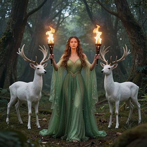 Photograph of a woman in a green, flowing dress holding torches, flanked by two white deer, in a misty forest.