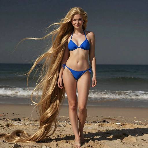 Hyperrealistic Blonde Rapunzel at Beach