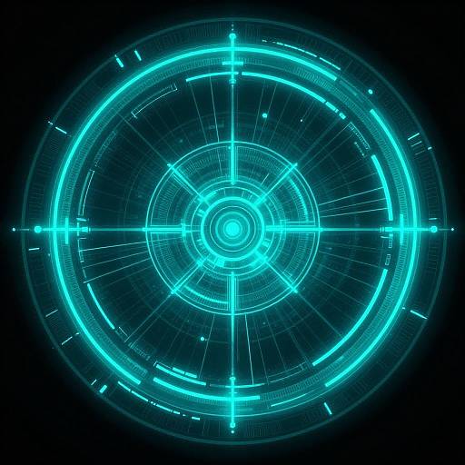 Digital CGI image of a glowing, neon blue circular radar or holographic interface with concentric lines and bright, pulsating lights against a black background.