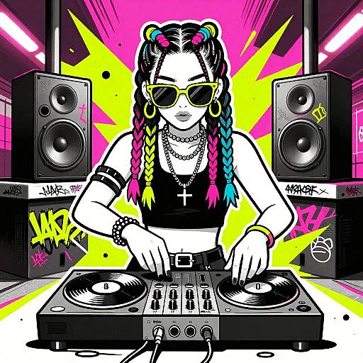 Female DJ with Colorful Braids and Sunglasses