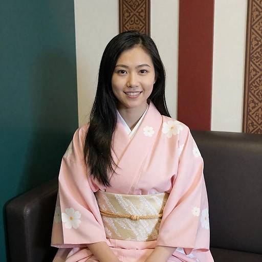 Smiling Asian Woman in Pink Kimono