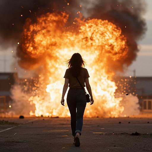 Photograph of a silhouetted woman in jeans and a shirt, walking away from a massive, fiery explosion with dark smoke.