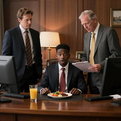 Surprised Encounter in Wood-Paneled Office