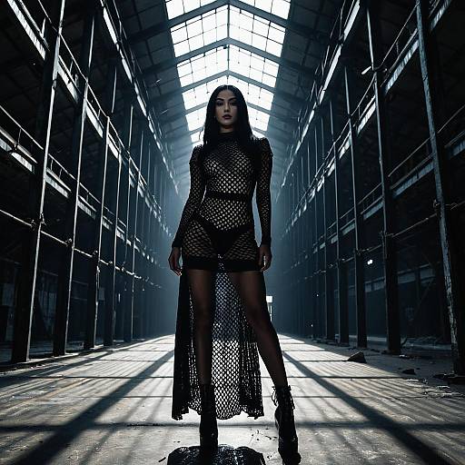 Model in Sheer Fishnet Gothic Dress in Abandoned Hangar