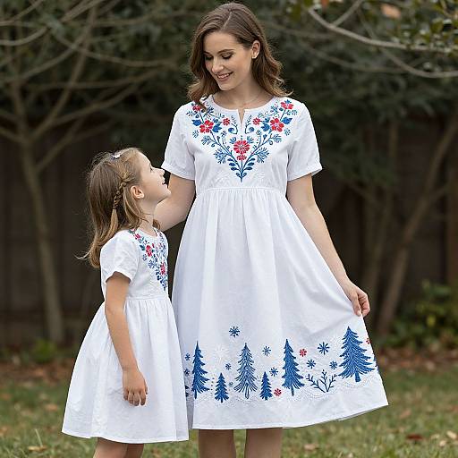 Photograph of a smiling woman with brown hair and a young girl, both wearing white dresses with blue and red floral embroidery, standing outdoors in a grass
