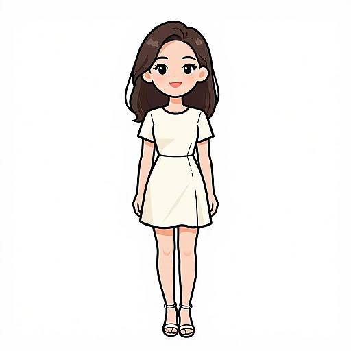 Digital anime-style drawing of a cute young woman with long brown hair, wearing a simple white dress and sandals, smiling.