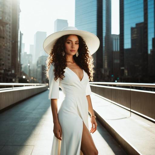 Stylish Woman in White Gown and Wide-Brimmed Hat