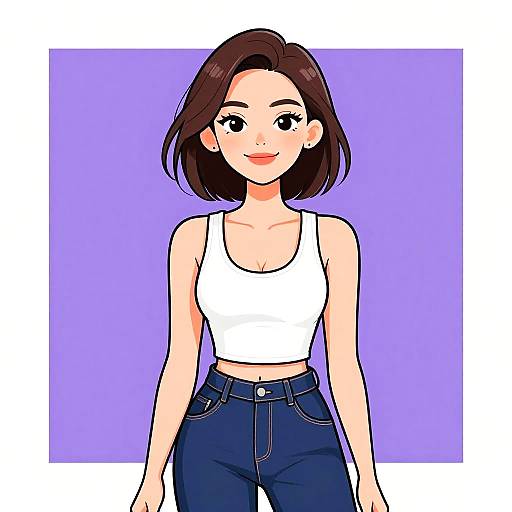 Digital anime-style drawing of a smiling young woman with short brown hair, wearing a white tank top and blue jeans, against a purple background.