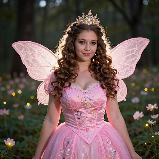 Photograph of a young woman with curly brown hair, wearing a pink fairy princess costume, glowing wings, tiara, in a forest with glowing flowers