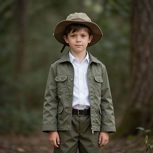 Photograph of a young boy in a forest, wearing a green military-style jacket, white shirt, and wide-brimmed hat, standing confidently with