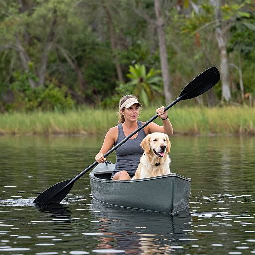 Woman Canoeing with Golden Retriever