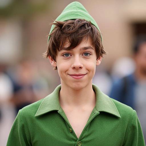 Photograph of a young boy with blue eyes, brown hair, and fair skin, wearing a green hat and matching green polo shirt, smiling softly in