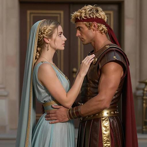 Roman-Themed Couple in Dramatic Pose