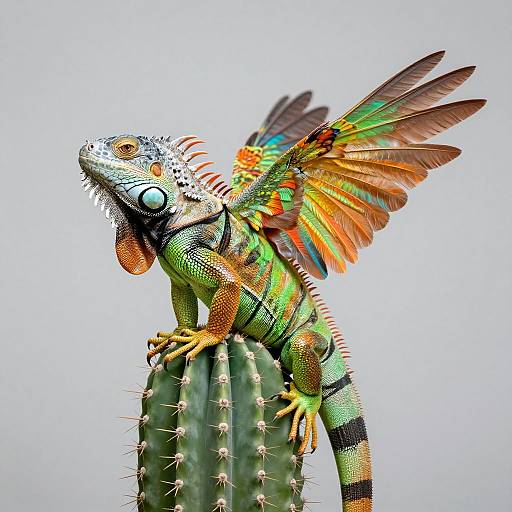 Vibrant, colorful iguana with multicolored wings perched on a spiky cactus against a white background, photographed in high detail