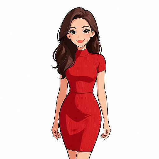 Digital anime-style drawing of a smiling woman with long brown hair, wearing a tight red dress, standing against a plain white background.