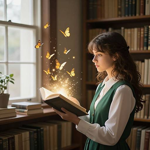 Photograph of a young woman with long brown hair, wearing a green dress over a white blouse, reading a book with glowing orange butterflies emerging from it