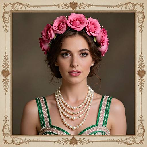 Photograph of a beautiful woman with dark wavy hair, wearing a pink rose flower crown, green beaded dress, and layered pearl necklaces,