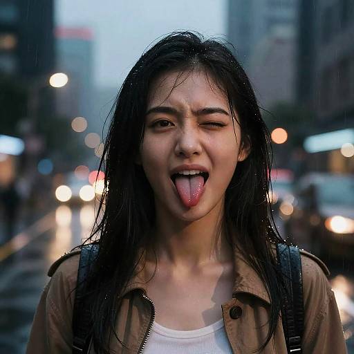 Young Woman Sticking Tongue Out in Rainy City