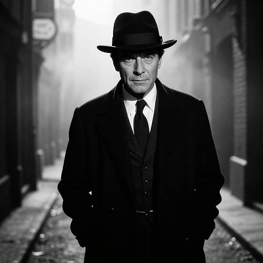 Black-and-white photograph of a serious older man in a dark suit, white shirt, black tie, and fedora, standing in a foggy,