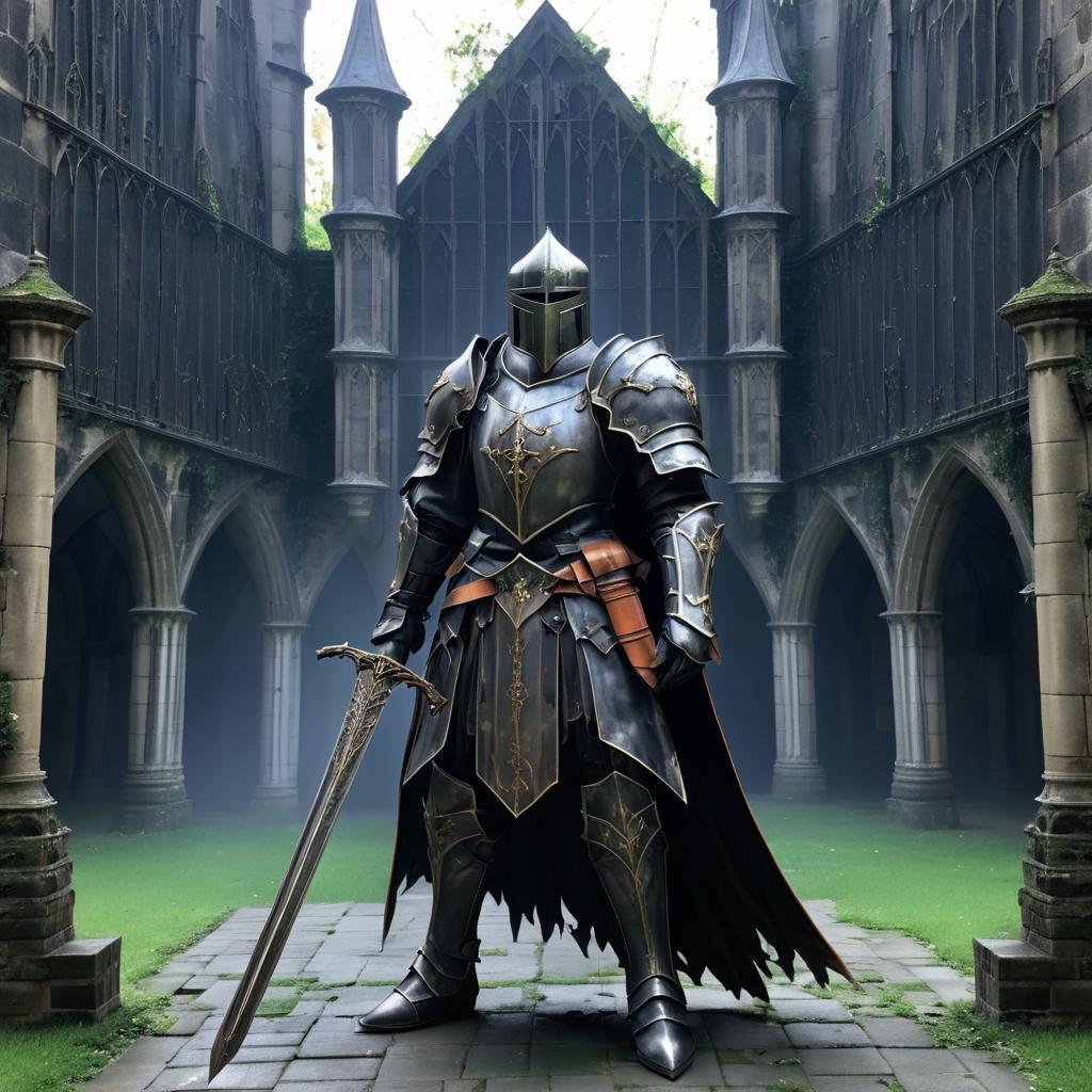 Ghostly Knight in Gothic Castle Courtyard