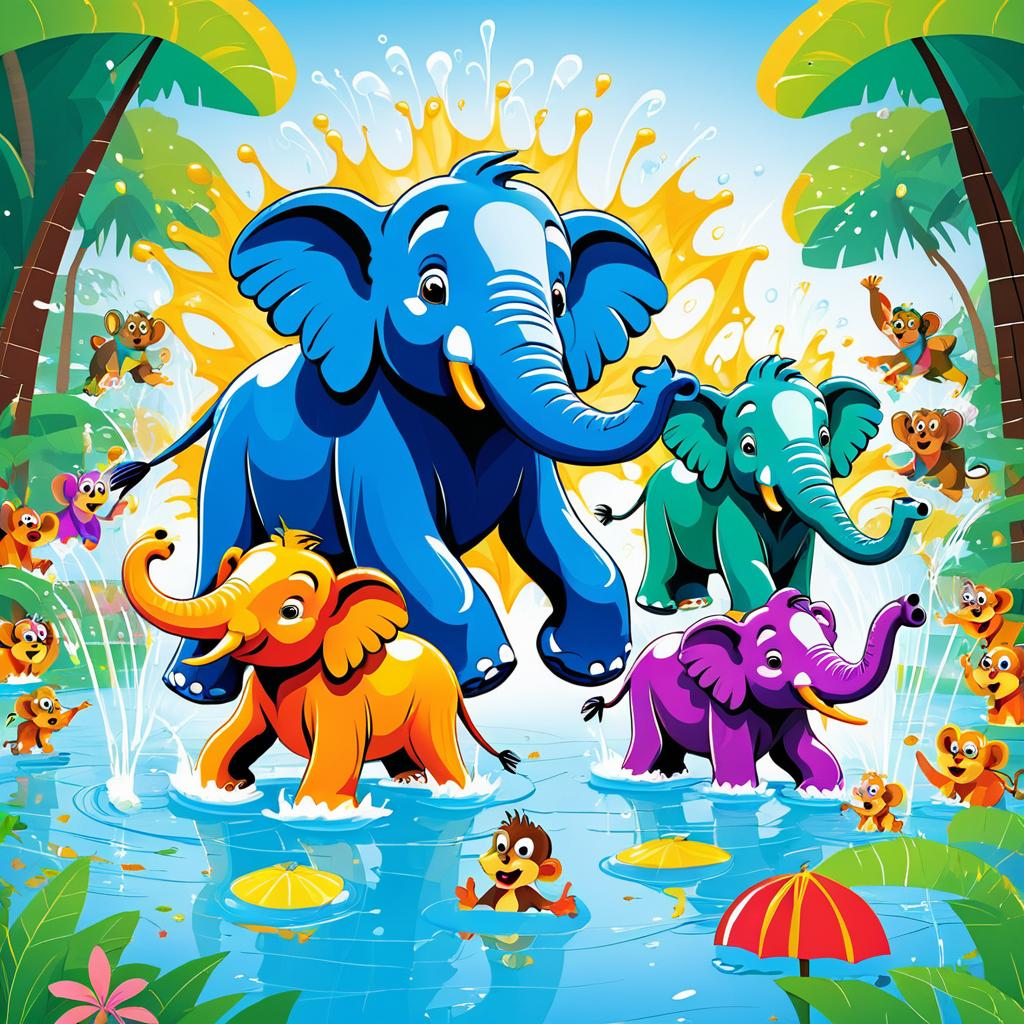 Vibrant Zoo: Elephants and Monkeys Splashing