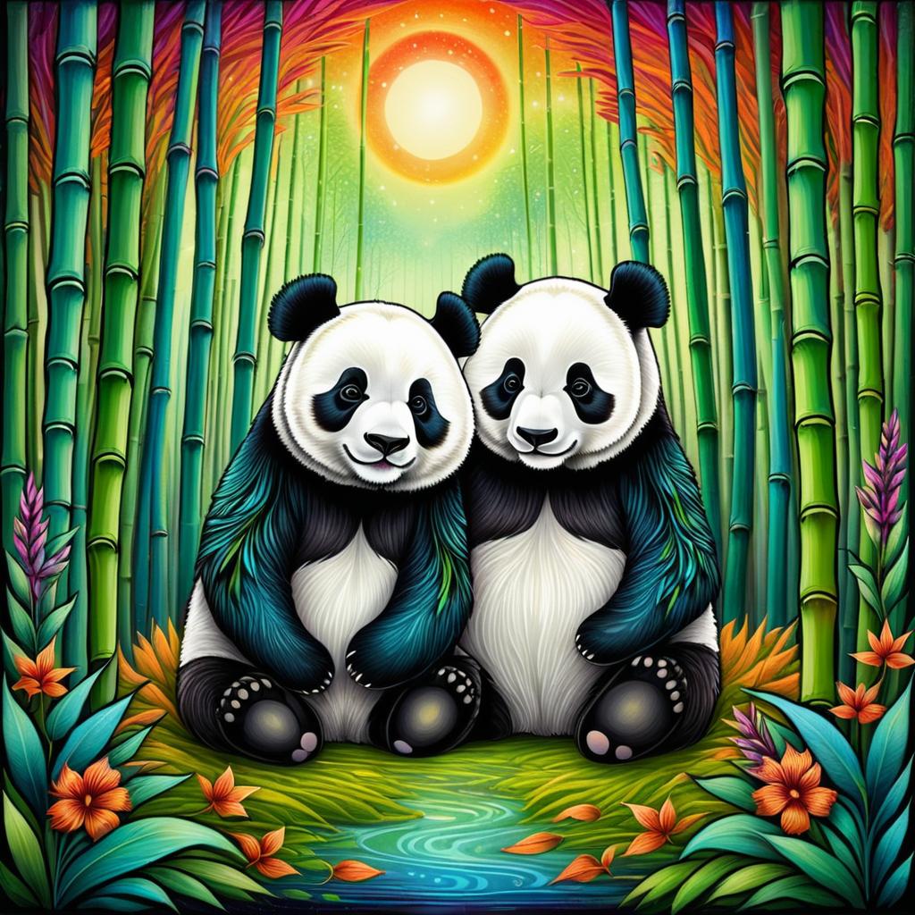 Whimsical Pandas in Vibrant Bamboo Forest