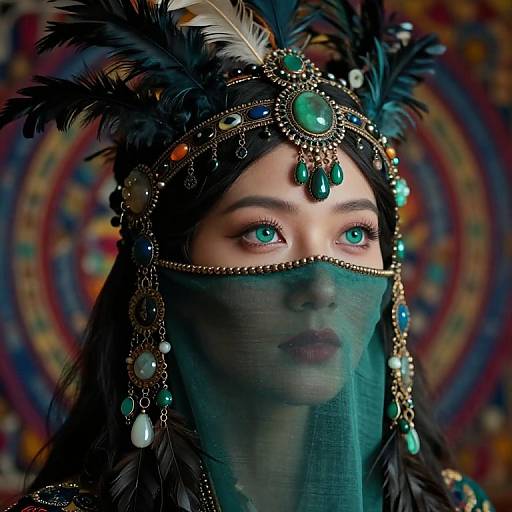 Photograph of a woman with striking blue eyes, wearing a black feathered headpiece, turquoise jewels, and a translucent veil, against a vibrant,