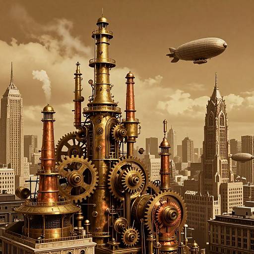 Steampunk cityscape with intricate, copper and brass gears, tall chimneys, and a flying blimp against a sepia-toned skyline of