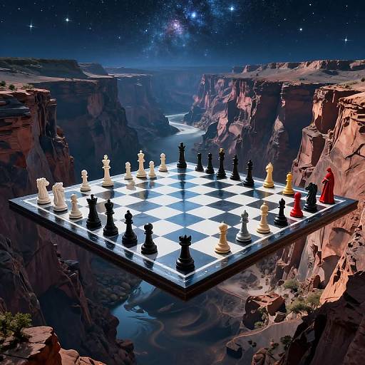Photorealistic digital artwork of a floating chessboard with black and white pieces, suspended above a starry night canyon landscape.