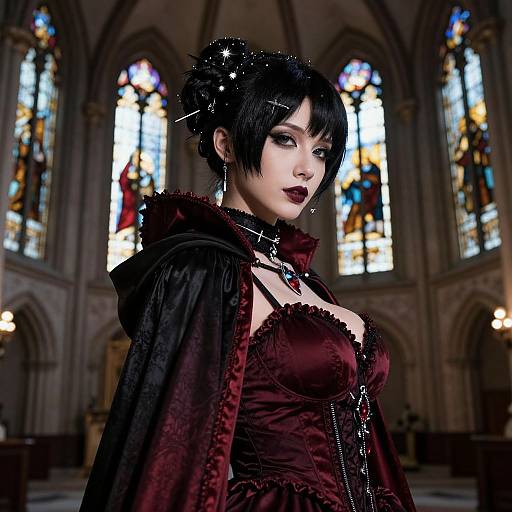 Digital art: Gothic vampire woman with black hair, dark lipstick, maroon corset, black cape, and spikes in a dimly lit cathedral.