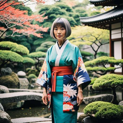 Senior Woman in Colorful Kimono in Japanese Garden
