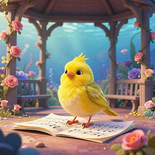 Pixar-Style Canary in Garden Gazebo