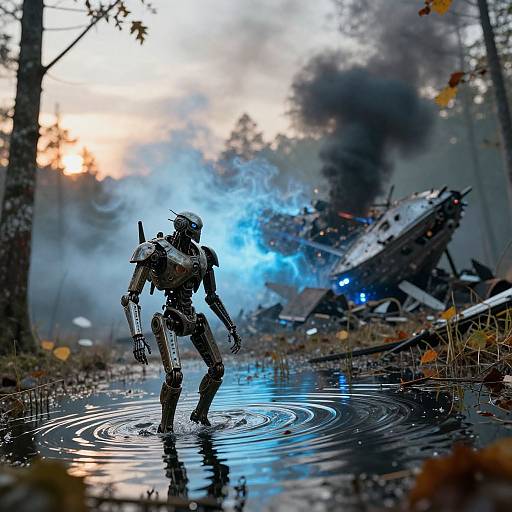 Photograph of a metallic robot walking through a flooded forest, with a burning, wreckage-filled background and smoke rising at dusk.