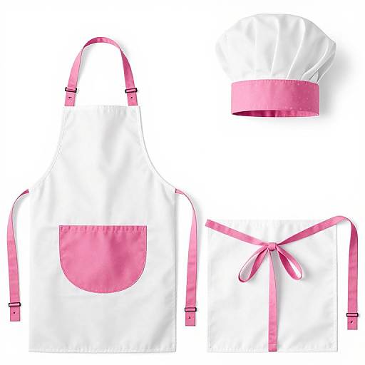 Photograph of a pink and white chef's apron with pink straps, pocket, and bow tie, and a matching chef hat.