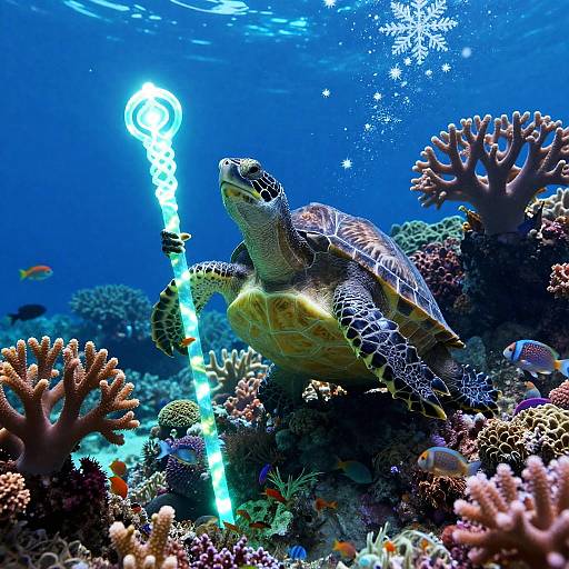 Photograph of a green sea turtle underwater, holding a glowing blue staff, surrounded by colorful coral reefs with small fish.