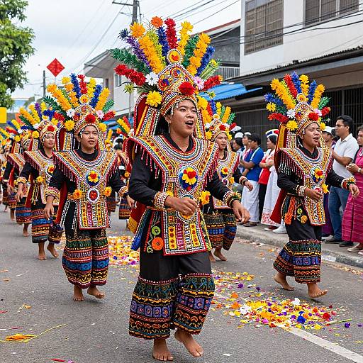 Photograph of traditional Asian dancers in colorful, beaded costumes with vibrant feather headdresses, marching on a street during a parade, surrounded by spectators and