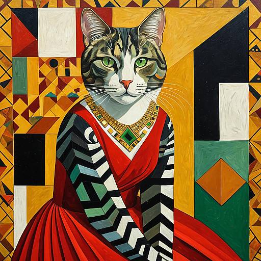 Cubist Cat in Red Dress with Gold Necklace