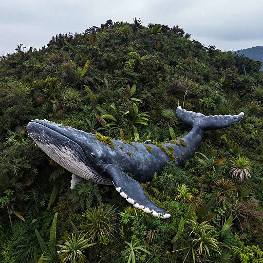 Photograph of a massive, gray-blue inflatable whale sculpture with white-tipped fins, partially covered in moss, lying on a dense, lush green forest