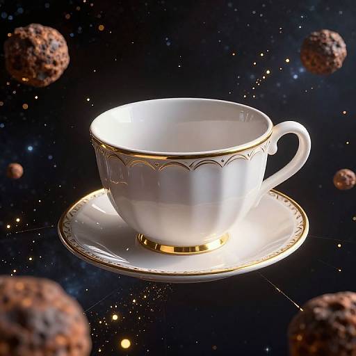 Photograph of a glowing, ornate white teacup with gold accents and a matching saucer floating in a cosmic, starry background with floating
