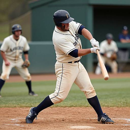 Photograph of a male baseball player in a white and navy uniform, mid-swing, with a blurred teammate in the background.