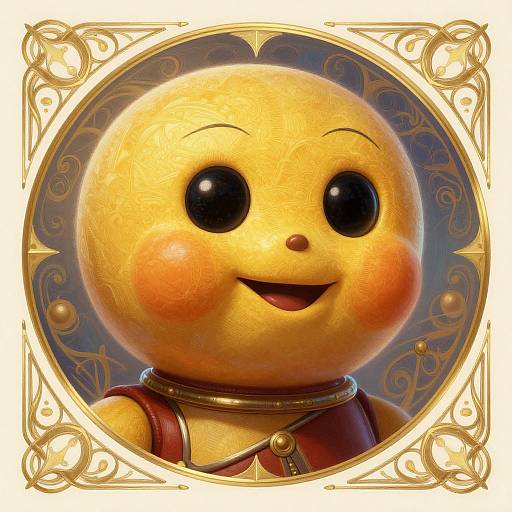 Digital illustration of a smiling, round-faced, yellow sun character with large black eyes and rosy cheeks, framed in an ornate gold border.