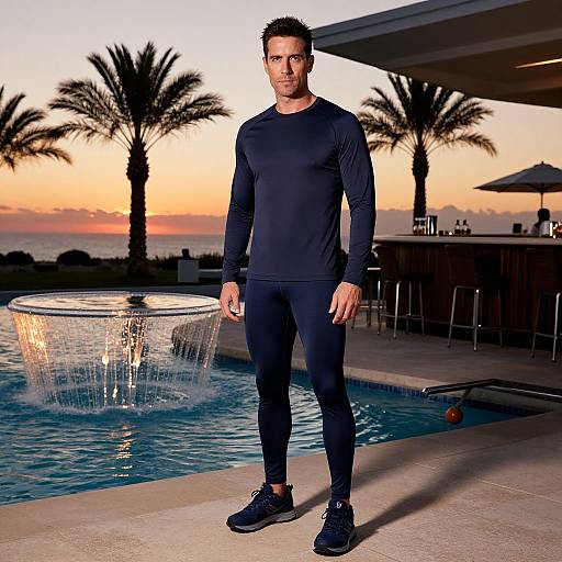 Photograph of a muscular man in black long-sleeve shirt, black pants, and sneakers, standing by a pool at sunset with palm trees,