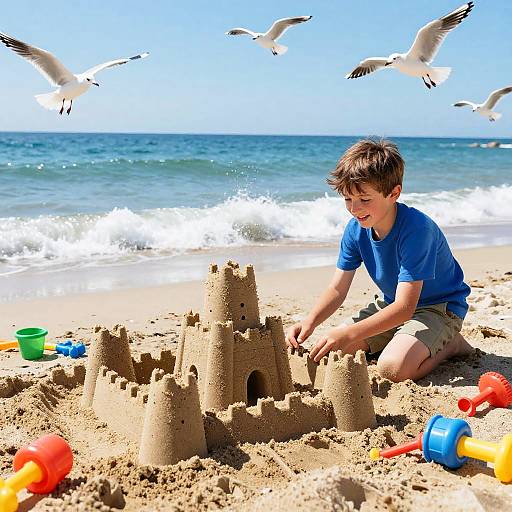 Photograph of a young boy in a blue shirt and beige shorts building a sandcastle on a sunny beach, with seagulls flying overhead and colorful