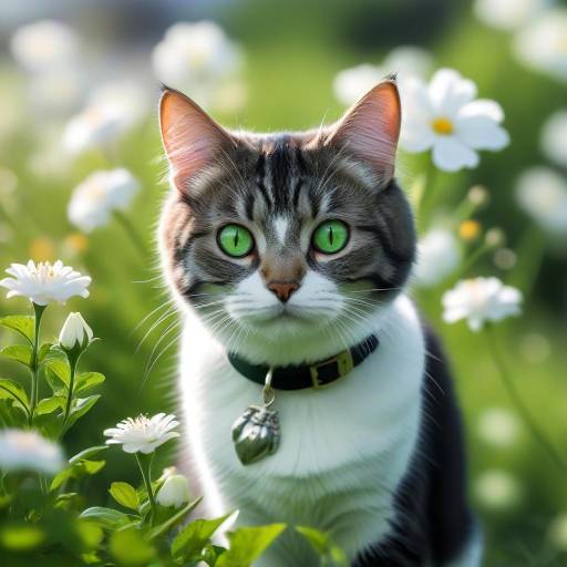 Realistic Manx Cat Among Flowers