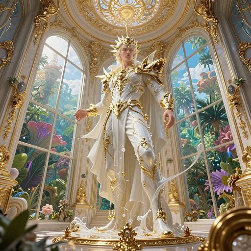 Photorealistic CGI of a regal woman in a glowing, gold-embellished white gown, standing in an ornate, sunlit greenhouse